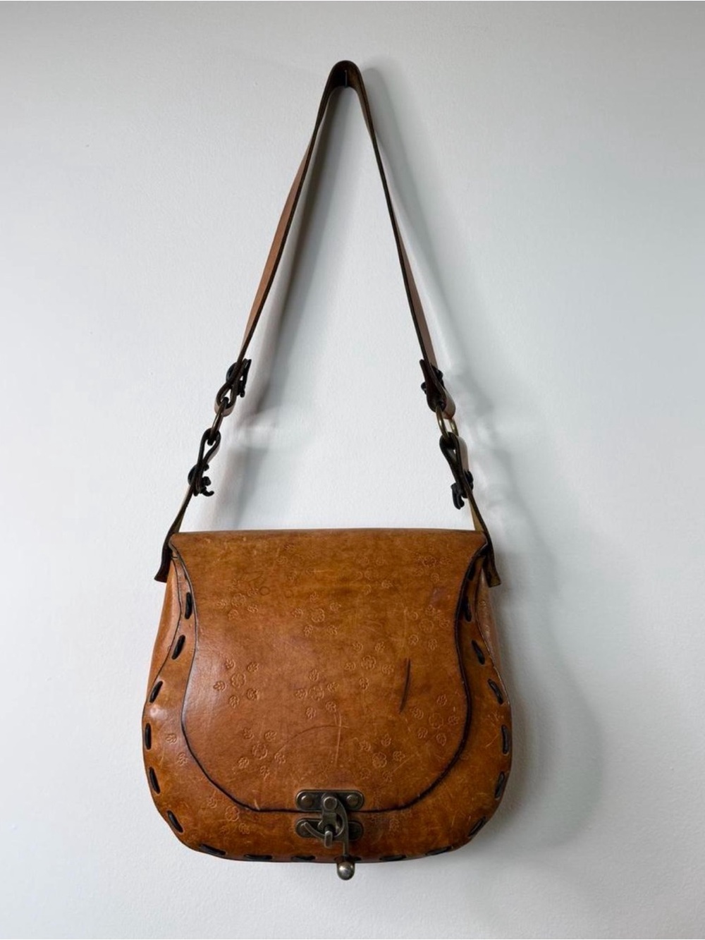 Vintage Boho Tooled Leather Saddle Bag Hand Laced Cognac Hippie Western Festival